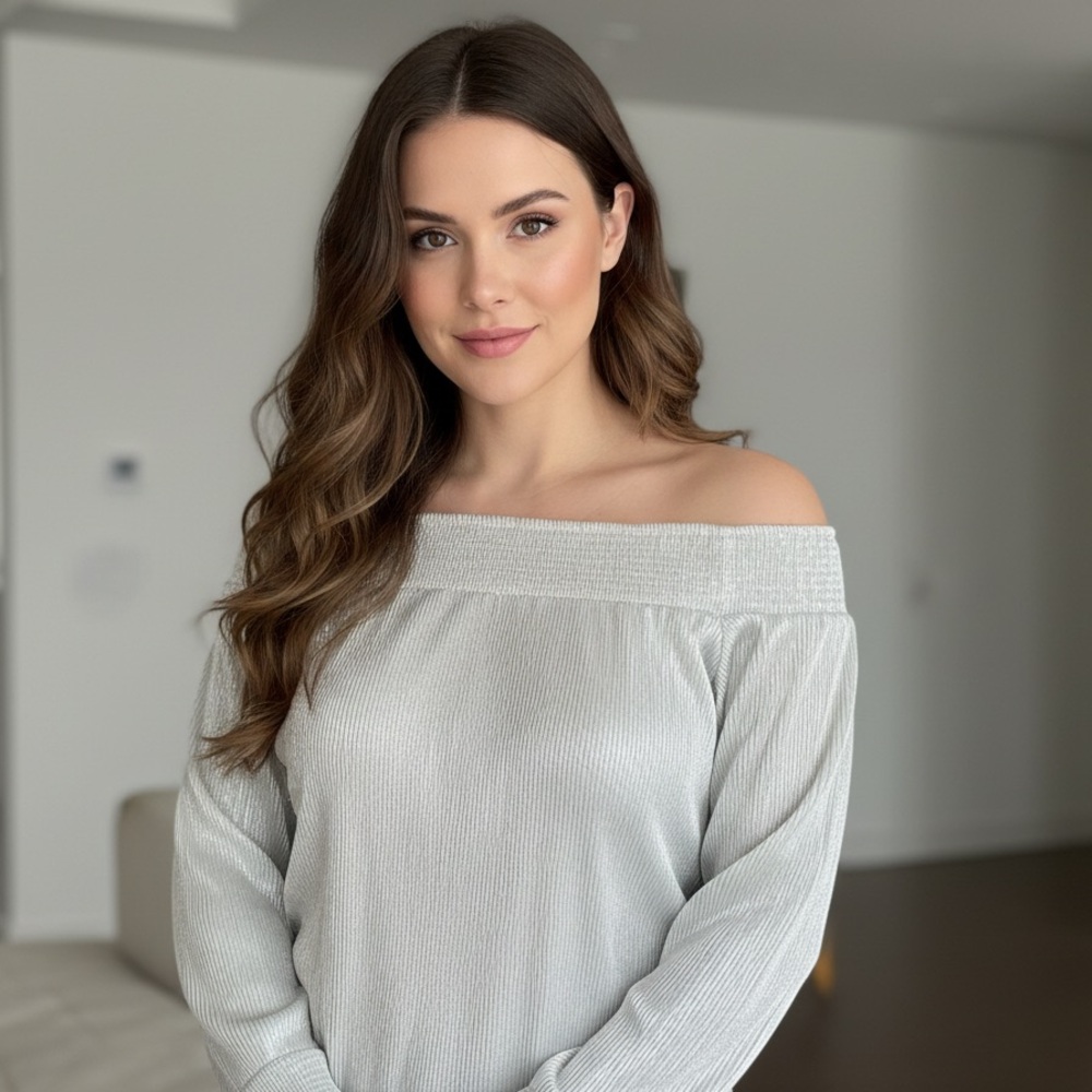 Anthropologie Lulumari shimmer silver elastic on off shoulder pleat blouse sz LG - Picture 2 of 15